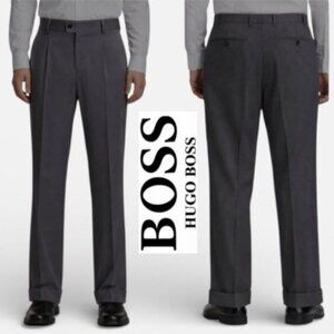 Hugo Boss Grey Wool Pleated Trousers Relaxed Cuffed 38R
